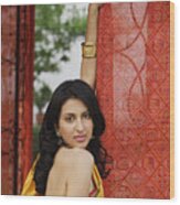 Woman In Yellow Sari, Red Tent Wood Print