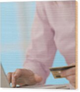 Woman With Laptop And Credit Card Wood Print