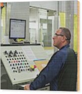 Worker At Car Assembly Line Control Panel Wood Print