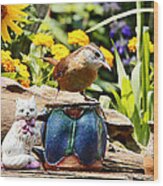 Wren Bird And Tea Cup And Flowers Wood Print