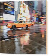 Yellow Cab And Reflections, Times Wood Print