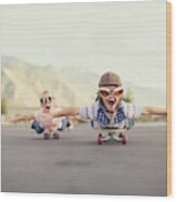 Young Boy And Girl Imagine Flying On Skateboard Wood Print