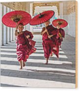 Young Buddhist Monks On The Run - Myanmar Wood Print