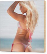 Young Woman In Bikini Standing On Beach Wood Print