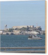 Alcatraz Island And Charter Fishing Boat Wood Print