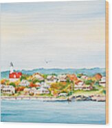 Bakers Island Lighthouse In Autumn Watercolor Painting Wood Print