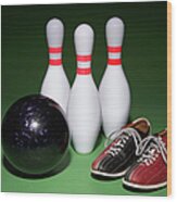 Bowling Ball, Bowling Shoes And Bowling Pins Side By Side Wood Print