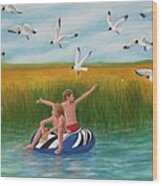 Boys Sharing With Laughing Gulls Wood Print