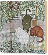 Brown And White Alley Cats Consider Catching A Bird In The Green Garden Wood Print
