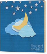 Cloud Moon And Stars Design Wood Print