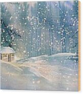 Cottage In The Snow Wood Print