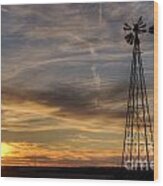 Dark Sunset With Windmill Wood Print