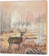 Deer In The Foggy Swamps Wood Print