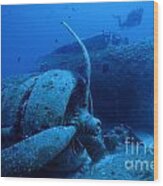 Diver Exploring Sunken B17 Airplane Wreck Wood Print