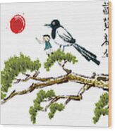 Drawing Of Boy And Bird On Tree Wood Print