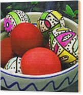 Easter Eggs In Ceramic Bowl Wood Print