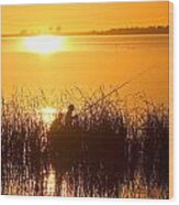 Fisherman Fishing On The Lake At Sunset Wood Print