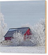 Frosty Morning On Red Barn Wood Print