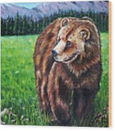 Grizzly Bear In Field Of Flowers Painting Wood Print