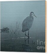 Heron In Blue Mist Wood Print
