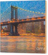 Manhattan Bridge Twilight Impasto Wood Print