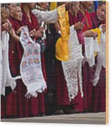 Monks Wait For The Dalai Lama Wood Print