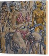 Painted Ladies On The Naked Bike Ride Take A Break In View Of The London Eye Wood Print