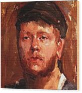 Portrait Of Irish Fisherman With Weary Sad Eyes And Hard Work Face Deep Lines And Lost Souls Cap Wood Print