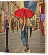 Red Umbrella Wood Print