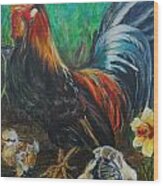 Rooster And Chicks Ii Wood Print