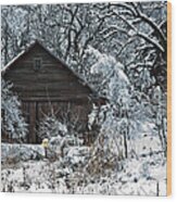 Snow Covered Barn Wood Print