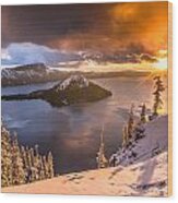 Starburst Sunrise At Crater Lake Wood Print