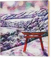 Torii In Rainbow Snowfall Wood Print