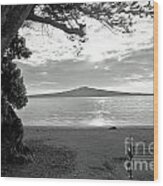 Tree And Ocean And Bench And Volcano Wood Print