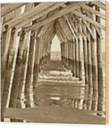 Under The Pier - Sunset Beach In Sepia Wood Print
