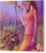 Woman Among The Sunflowers Wood Print