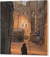Woman Walking In Old Town, Dusk, San'a, Yemen, Middle East Wood Print