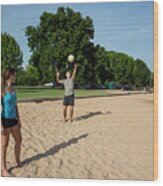 A Young Couple Enjoy In Summer Vacation Playing Volleyball At Zilker Park Sand Volleyball Courts #1 Wood Print
