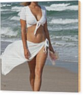 Beautiful Woman Walking On Beach #1 Wood Print