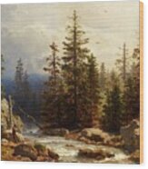 Forest Landscape With An Angler #1 Wood Print