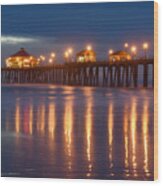 Huntington Beach Pier At Night Wood Print