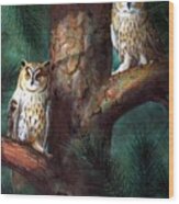 Owls In Moonlight #1 Wood Print