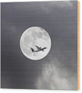 Plane In Night Sky Wood Print