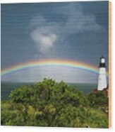 Rainbow At Portland Headlight Wood Print