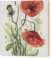 Red Poppies Watercolor Wood Print