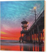 Sunset At Huntington Beach Pier #1 Wood Print