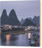 Twilight Over The Lijang River In Yangshuo #1 Wood Print