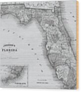 1864 Florida Map Black And White Wood Print