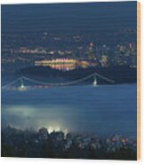 View Of Lions Gate Bridge And Vancouver In The Fog #1 Wood Print