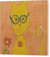 Yellow Cat With Glasses Wood Print